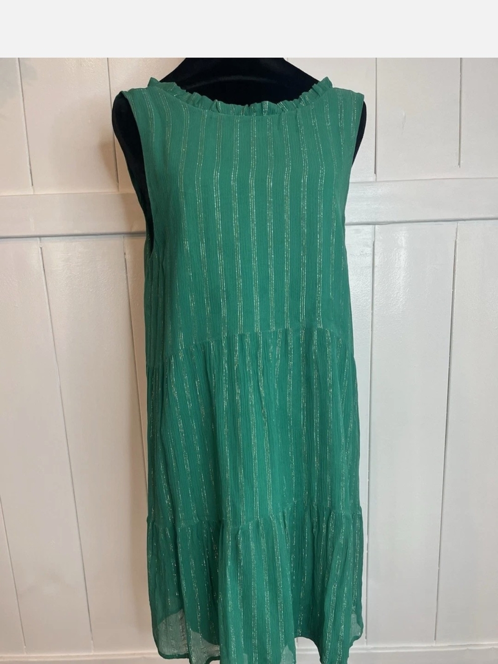 Sezane Emerald Green Silk Sleeveless Tiered Midi Dress with Metallic Stripe